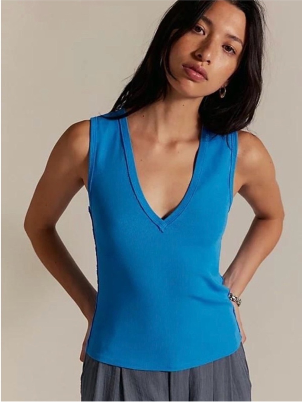 NEW Free People x We the Free Neria Ribbed Deep V-Neck Tank Top in Blue NWOT L